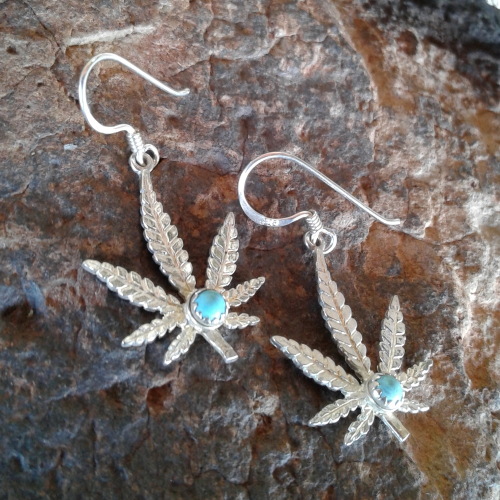 Silver Leaf Drop Earrings with Turquoise Accent